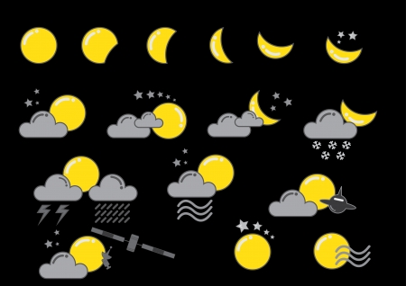 set of moon in night sky and black backgroundのイラスト素材