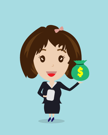Business Woman and Money Bag Cartoon Vector,Business Conceptのイラスト素材