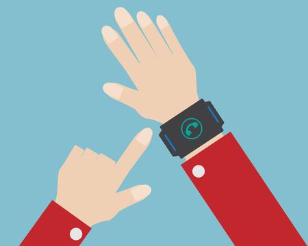 human hand press telephone icon on smart watch cartoon vectorのイラスト素材
