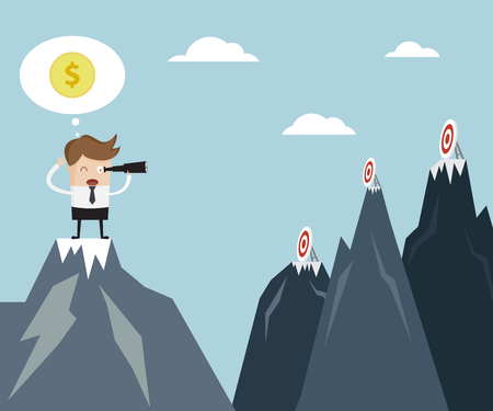Business Vision Concept, Businessman using binoculars Finding Target On Mountain Cartoon Vector Illustrationのイラスト素材