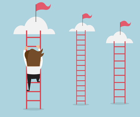 businessman climbing the ladder for red flag, business success concept cartoon illustrationのイラスト素材