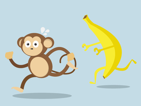monkey run away from big banana cartoon vector illustrationのイラスト素材