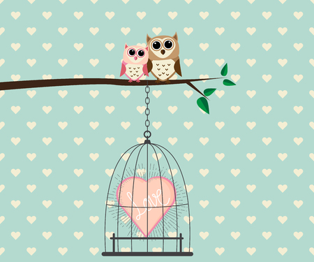 Couple Owl on Tree  and Heart Love In Cage Vector Illustrationのイラスト素材