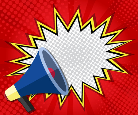 abstract boom blank speech bubble with megaphone pop art, comic book on red  background vector illustrationのイラスト素材