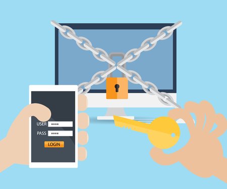 hand use key and username password on mobile  for locked computer vector illustrationのイラスト素材