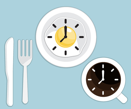 breakfast time fried egg and coffee with clock vector illustrationの写真素材