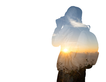 double exposure of man photography and sunrise in morning with white background
