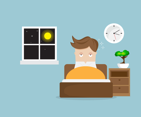sleepless man cartoon character on bed in night vector illustrationのイラスト素材