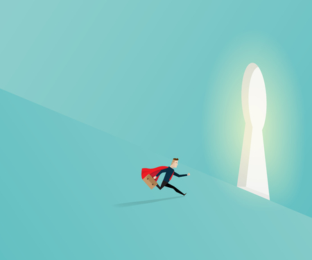 businessman running to success door, business success concept cartoon vector illustrationのイラスト素材