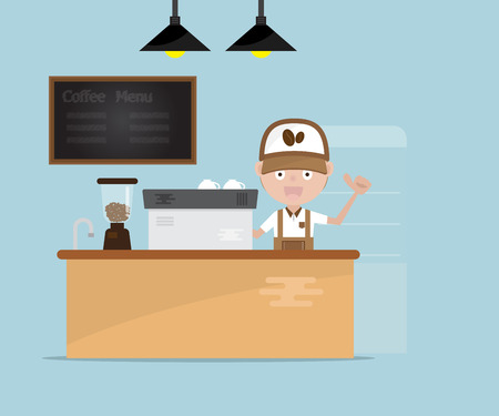 barista at counter in coffee shop cartoon vector illustrationのイラスト素材