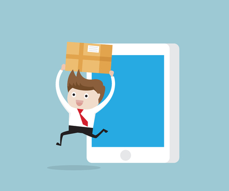 happy businessman with package from mobile smartphone, online shopping and delivery cartoon vector illustrationのイラスト素材