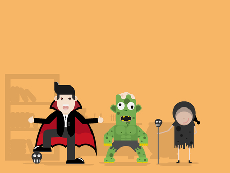 dracula monster and witch cartoon character flat design vector illustrationのイラスト素材
