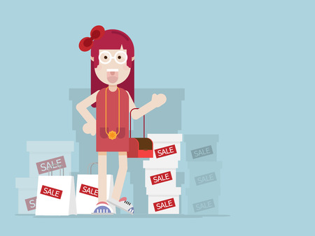 girl with shopping bag and box with sale label flat design cartoon vector illustrationのイラスト素材