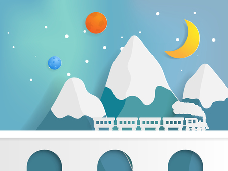 Train on bridge with mountain and star paper art style vector illustrationのイラスト素材