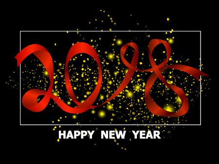 illustration of 2018 happy new year red ribbon and golden paper vector backgroundのイラスト素材
