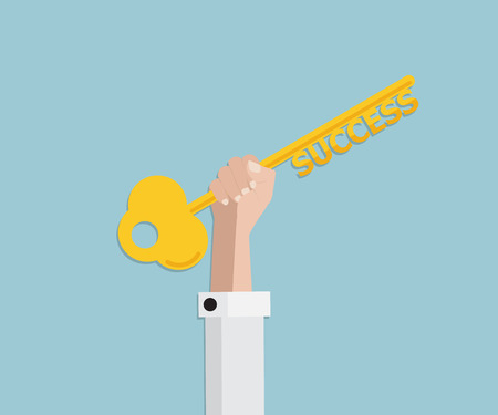 Illustration of a hand holding a golden key of successのイラスト素材