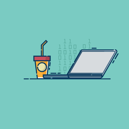 illustration of laptop and iced coffee cup vector flat designのイラスト素材