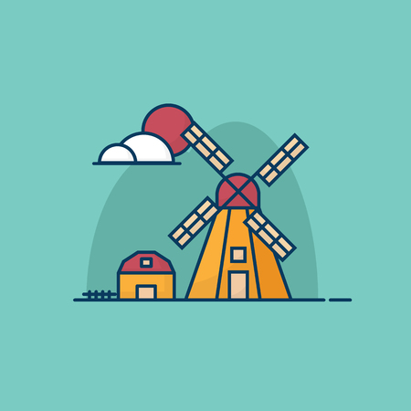 illustration of summer windmill and hut flat design vectorのイラスト素材