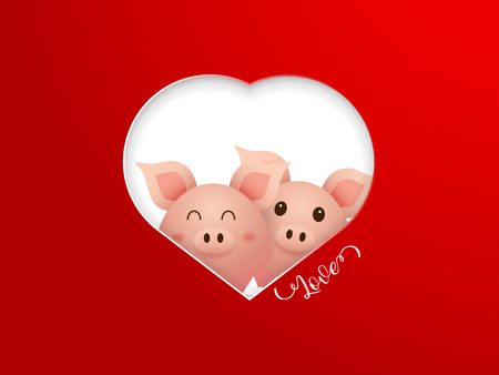 illustration of couple cute pig with heart shape frame on red background cartoon vectorのイラスト素材