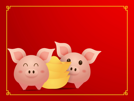 illustration of couple cute  pig and gold on red background cartoon chinese new year vector illustrationのイラスト素材