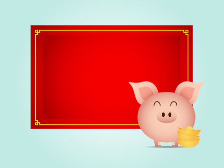 illustration of cute pig with gold and blank red board cartoon vectorのイラスト素材