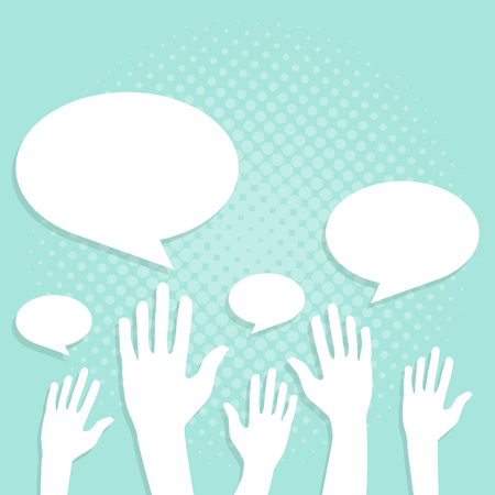 illustration of hands voting with blank speech bubble vector backgroundのイラスト素材