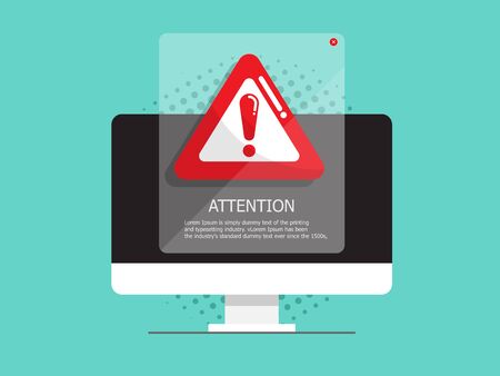 illustration of computer with attention, warning sign vector flat designのイラスト素材