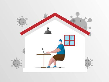 man working at home, protect from covid-19 coronavirus vector illustration cartoon flat designのイラスト素材