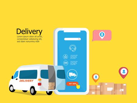 online delivery service application with parcel box and vanのイラスト素材