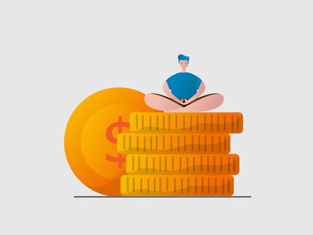man relax sitting meditation on stack of money coins cartoon vector illustration flat designのイラスト素材