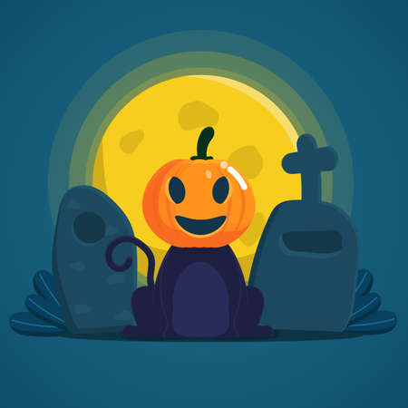 cat wearing halloween pumpkin mask sitting at tombstone halloween night cartoon vector illustration flat designのイラスト素材