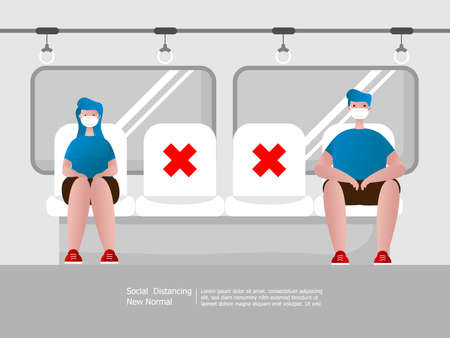 social distancing, boy and girl wearing mask in public transportation , virus outbreak spreading concept cartoon vector illustrationのイラスト素材
