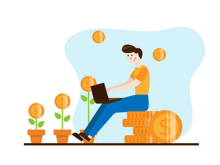 man sitting on money coin stack and working with laptop cartoon vector illustrationのイラスト素材