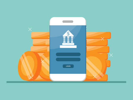 mobile banking, mobile with stack of coins vector illustration flat designのイラスト素材
