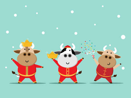 happy chinese new year, year of ox cute cow in red suit cartoon vector flat designのイラスト素材