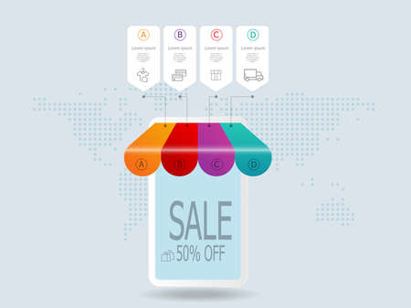 shopping online store on mobile steps infographics vector illustrationのイラスト素材