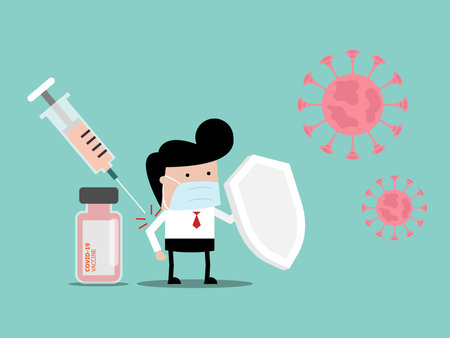 businessman fighting against virus with vaccine, stop  concept flat cartoon vector illustrationのイラスト素材