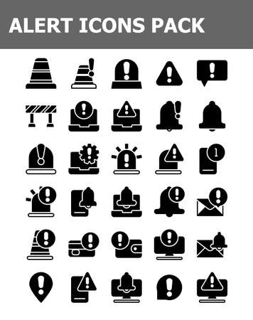 set of 30 alert, warning icons pack solid style vector illustrationのイラスト素材