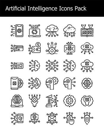 set of artificial intelligence technology icons pack simple line style vector illustrationのイラスト素材