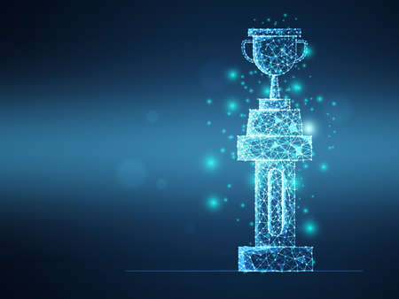 abstract futuristic wireframe mesh trophy on pillar vector illustration digital technology backgroundのイラスト素材