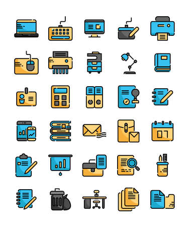 set of office supplies tools working filled outline icons vector illustrationのイラスト素材
