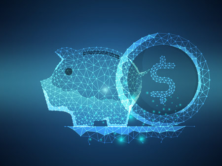 piggy bank with money coin futuristic low polygon wire mesh technology vector illustration backgroundのイラスト素材