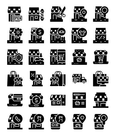 silhouette black solid ghyph store shop icons pack vector illustrationのイラスト素材