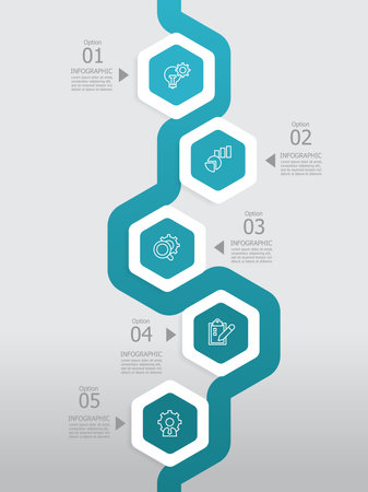 vertical round hexagon steps timeline infographic element report background with business line icon 5 steps for any business-related presentation or publication vector illustrationのイラスト素材