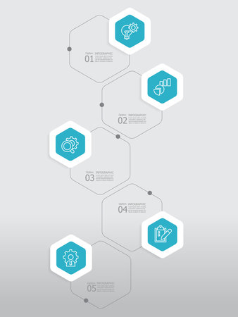 vertical round hexagon steps timeline infographic element report background with business line icon 5 steps for any business-related presentation or publication vector illustrationのイラスト素材