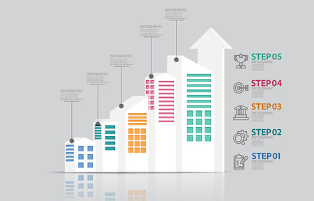 business data visualization steps timeline infographic element report layout template background with business line icon 5 steps for any business-related presentation or publication vector illustrationのイラスト素材