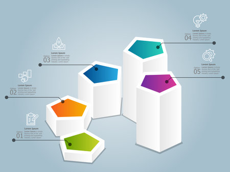 horizontal infographics hexagon isometric 5 steps for report presentation template background vector illustrationのイラスト素材