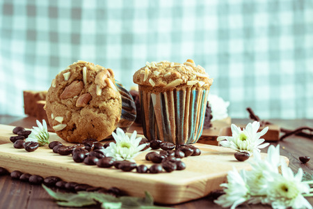 Banana cake on wood backgroundの写真素材