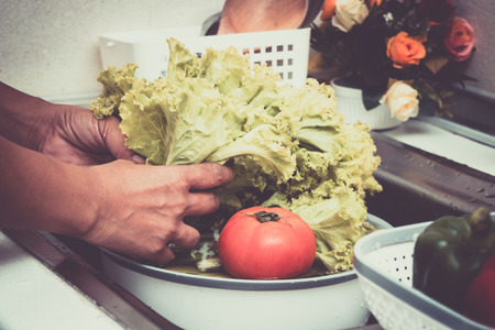 Woman hands are washing vegetables in kitchenの写真素材
