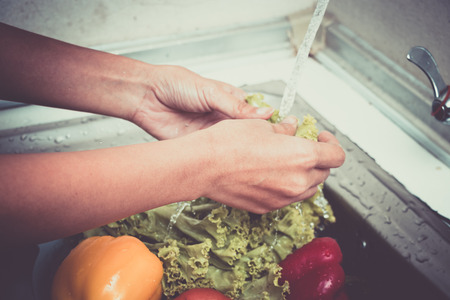 Woman hands are washing vegetables in kitchenの写真素材